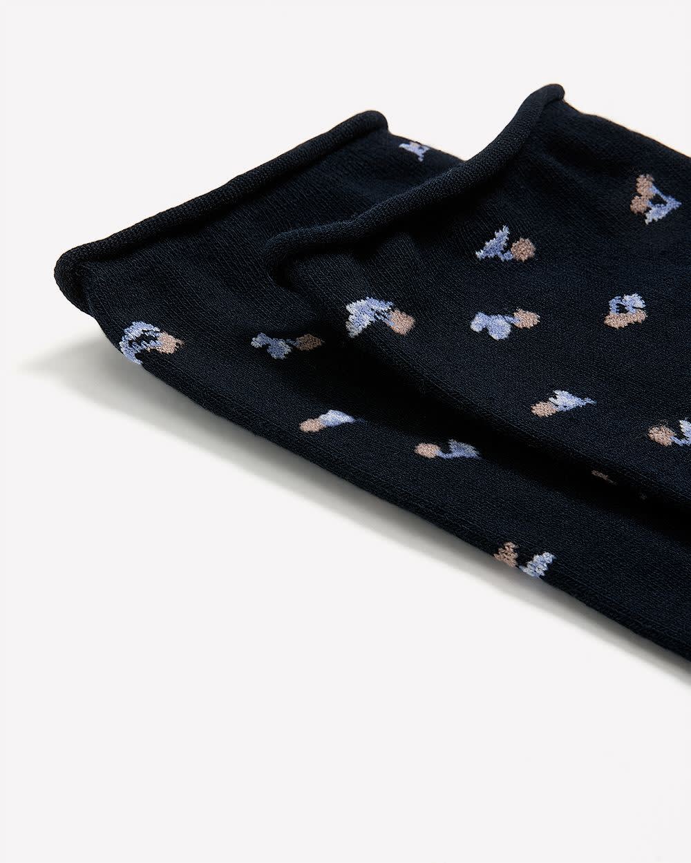 Navy Rolled-Edge Crew Socks with Cherry Print