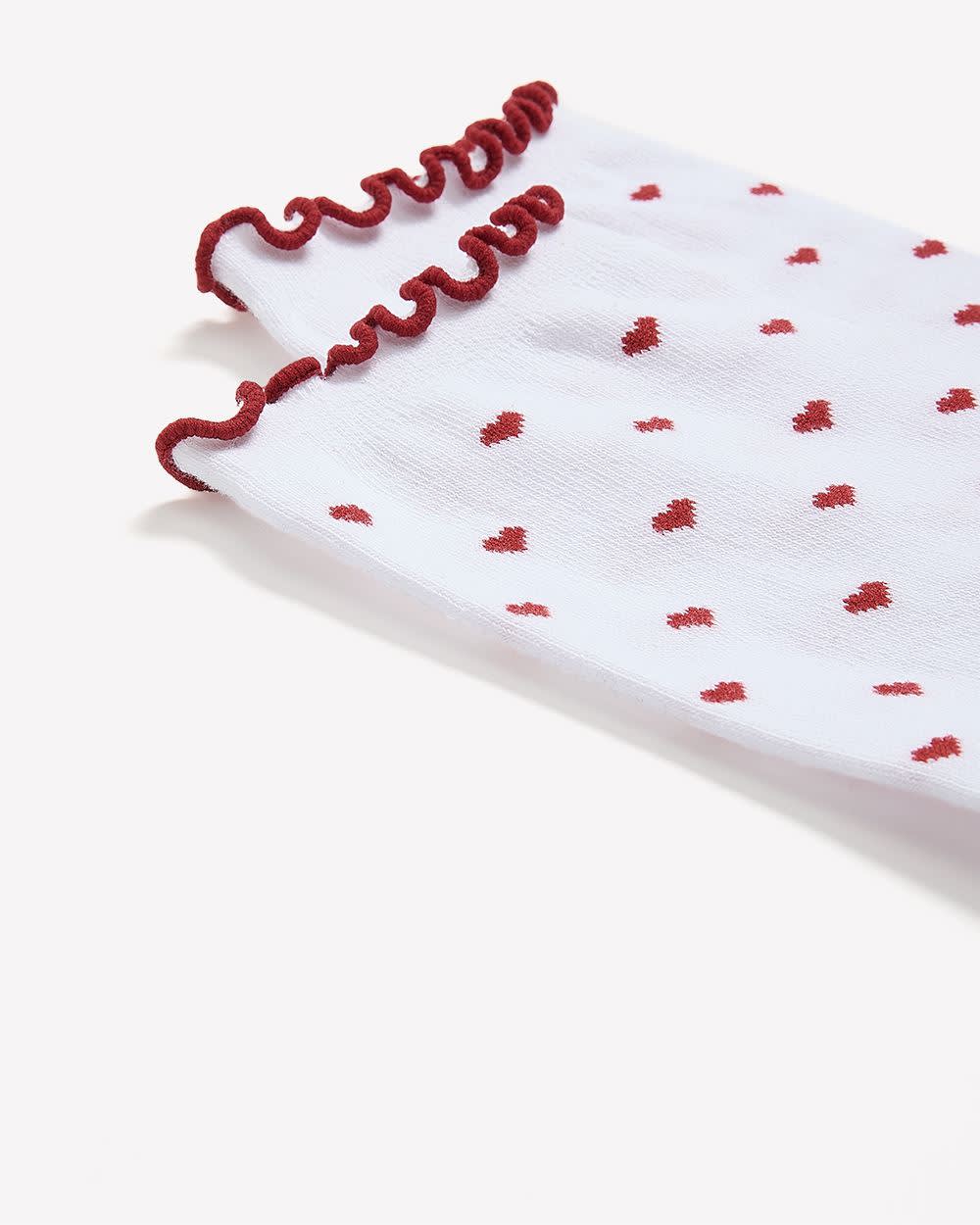 White Lettuce-Edge Crew Socks with Heart Print