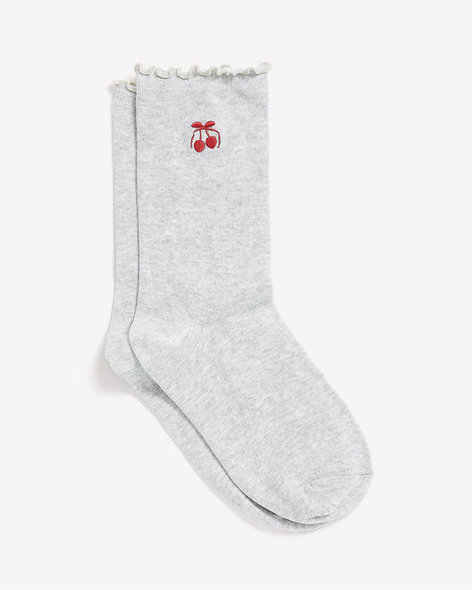Grey Lettuce-Edge Crew Socks with Cherry Embroidery