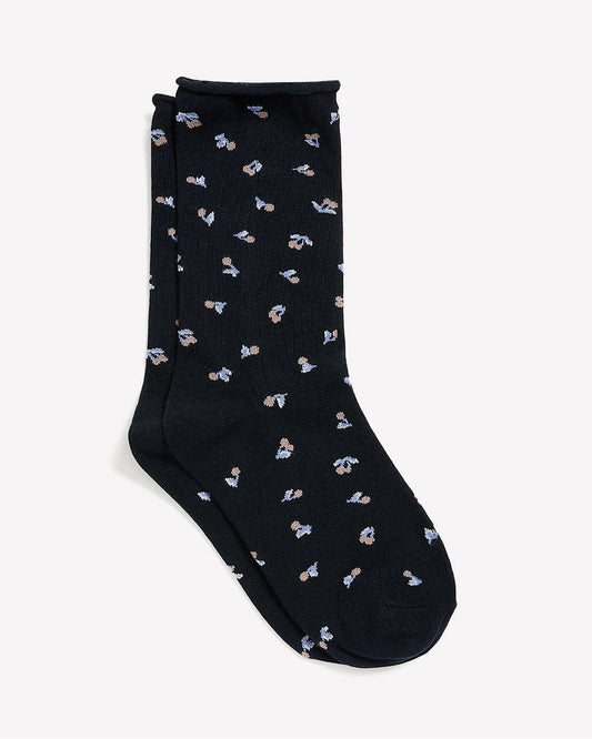 Navy Rolled-Edge Crew Socks with Cherry Print